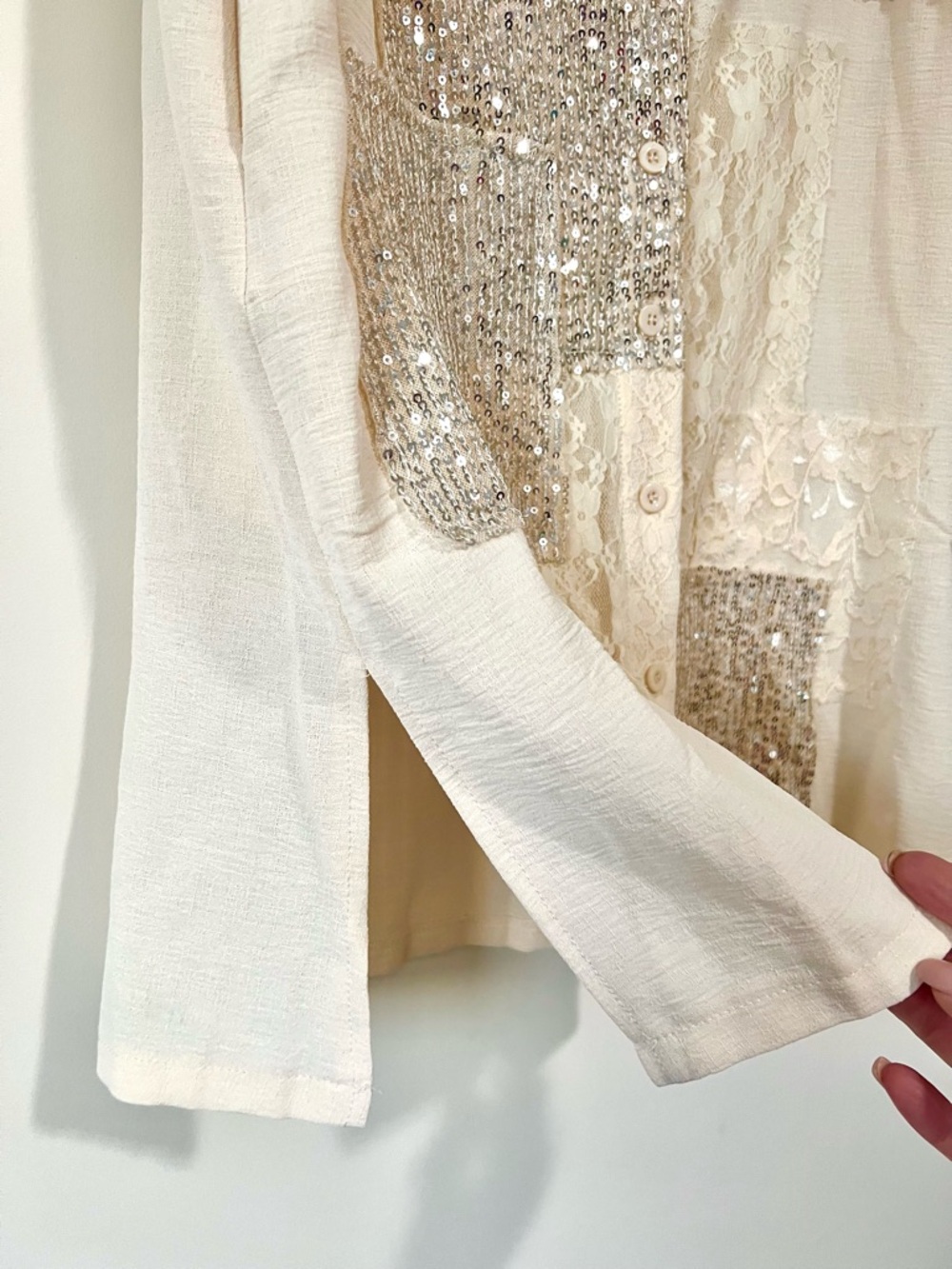 ORIGAMI Cream Sleeveless Sequin & Lace Patchwork Dress/Duster with Side Pockets - Picture 3 of 8